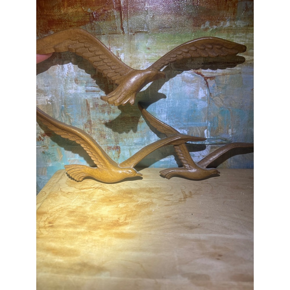 Vintage Homco Seagulls Wall Decor Set 3 Faux Wood Flight Birds 7619 MCM Nautical